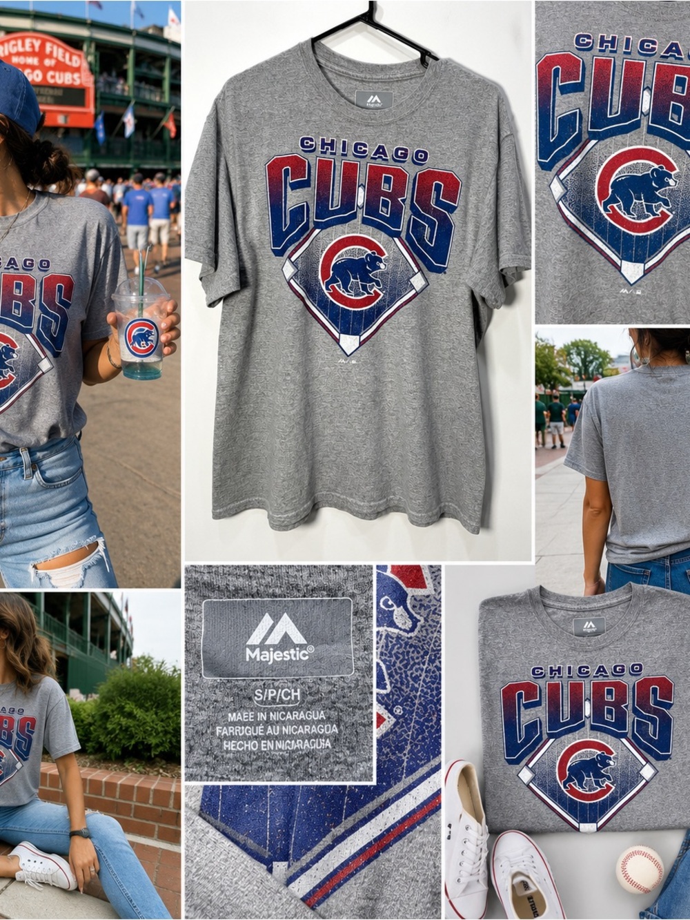 Chicago Cubs Majestic Shirt Medium Gray MLB Baseball Wrigley Field Unisex Tee